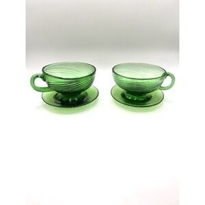Vintage Avalos Green Glass Teacups And Saucers. Set‎ Of 2 Stunning Color